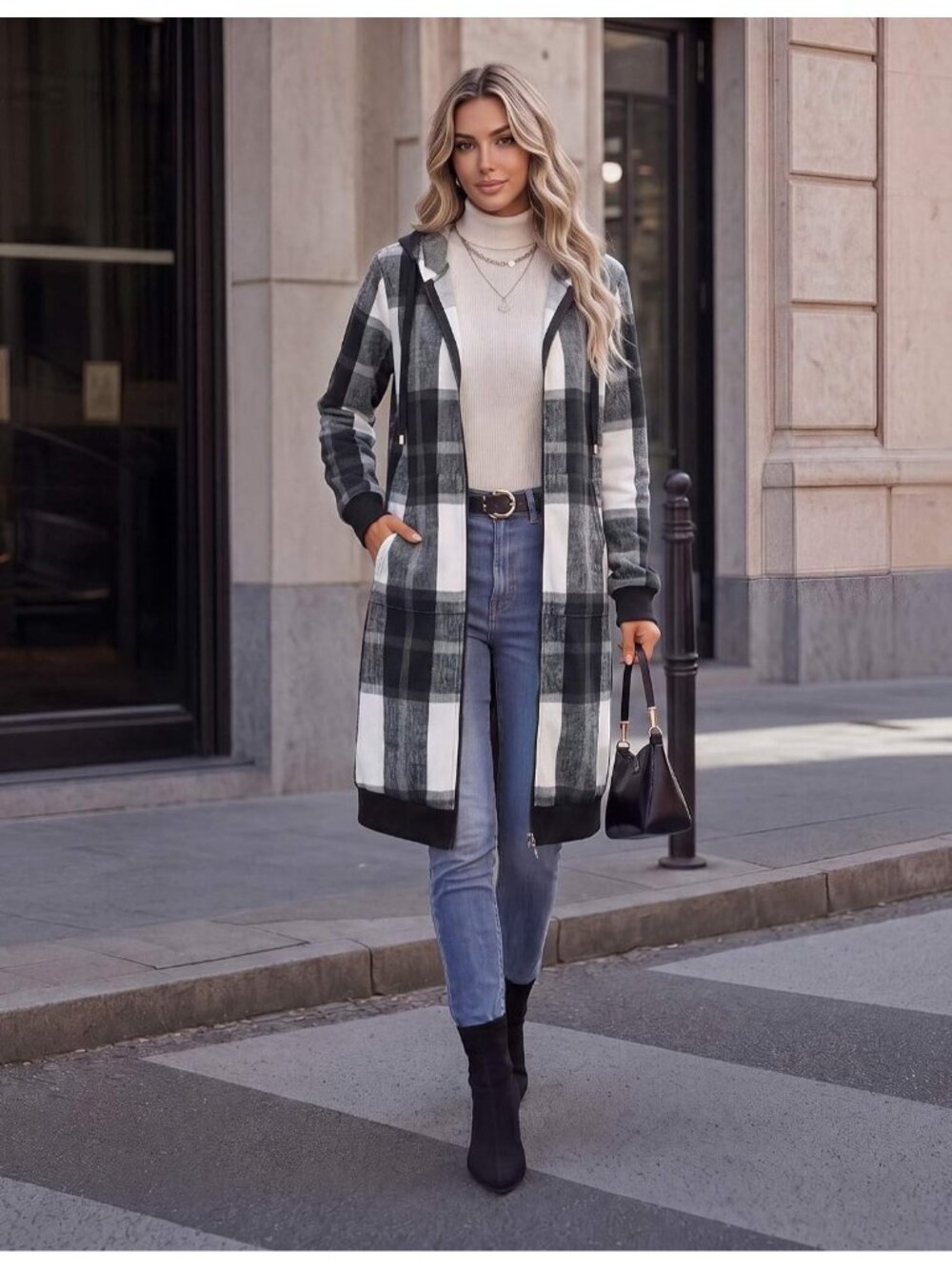 Women's Black White Plaid Longline Fleece Hoodie Full Zip Oversized Duster - Picture 4 of 6